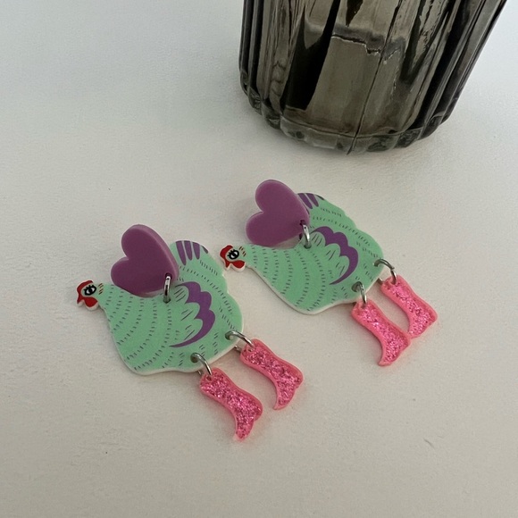 1970's Inspired Chicken in Boots Dangle Earrings - Colorful Retro Drop Earrings - Picture 9 of 14